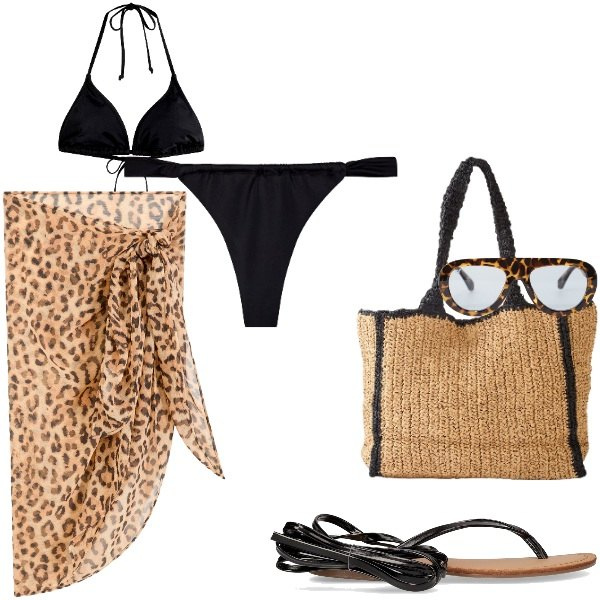 Outfit donna - aperitivo in spiaggia. Stile Casual per Mare. Abbinamento con shopping bag, vestiti da spiaggia, bikini, bikini, occhiali da sole, sandali alla schiava.