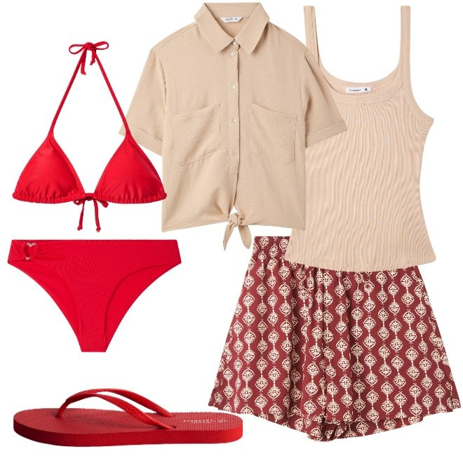 Outfit donna - Bikini rosso. Stile Casual per Mare. Abbinamento con shorts, camicie a manica corta, bikini, infradito, canottiere, bikini.