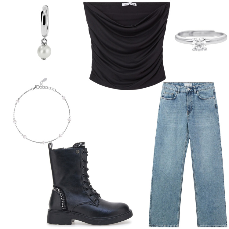 Outfit donna - Che serata!. Stile Casual per Serata fuori. Abbinamento con jeans, top, anelli, orecchini, braccialetti, anfibi.