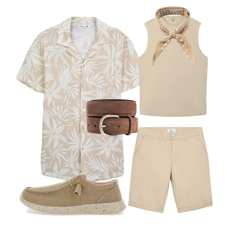 Outfit uomo - Stampa botanica!. Stile Urban per Mare. Abbinamento con bermuda, canottiere, camicie a manica corta, scarpe stringate, cinture, sciarpe e foulard.