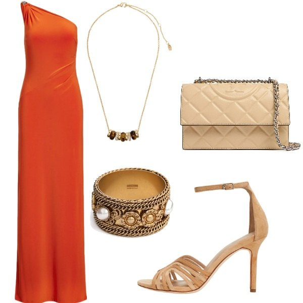 Outfit donna - Le cerimonie di Luglio. Stile Glamour per Cerimonia. Abbinamento con collane, vestiti asimmetrici, sandali in pelle, borse a spalla, braccialetti.