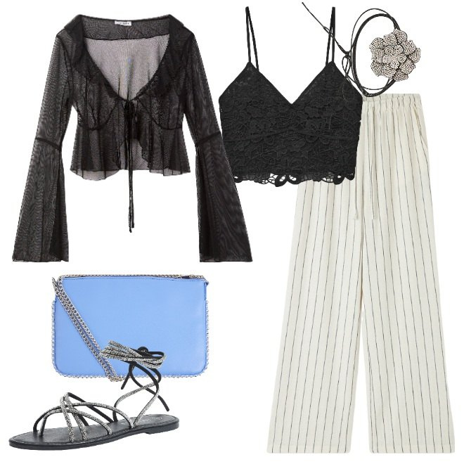 Outfit donna - Top di pizzo e fiore al collo. Stile Trendy per Serata fuori. Abbinamento con pantaloni, top, sandali alla schiava, bolero, borse a tracolla, collane.