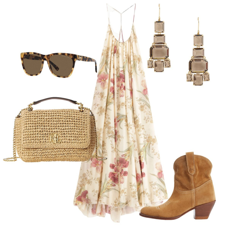 Outfit donna - L’abito fru fru e i camperos. Stile Boho per Serata fuori. Abbinamento con vestiti lunghi, stivaletti, occhiali da sole, borse a spalla, orecchini.
