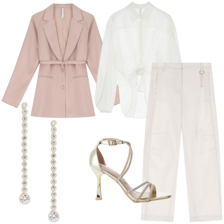 Outfit donna - Cerimonia camicia blazer pantaloni. Stile Bon Ton per Cerimonia. Abbinamento con sandali col tacco, blazer, camicie, pantaloni, orecchini.