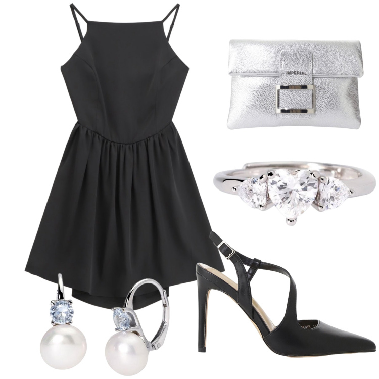 Outfit donna - Amore Imperial. Stile Chic per Serata fuori. Abbinamento con orecchini, anelli, décolleté, vestiti corti, pochette.