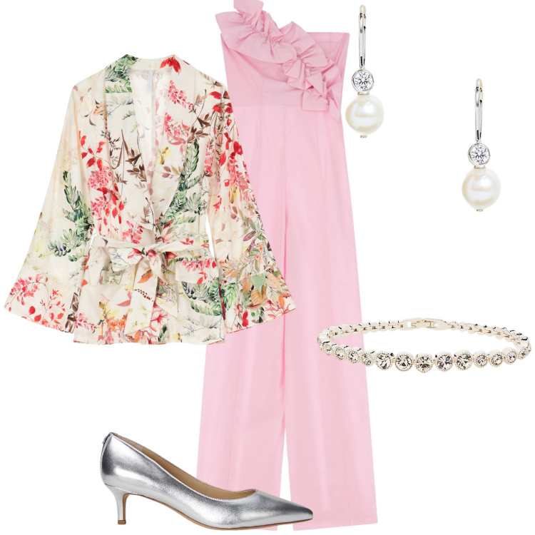 Outfit donna - L invitata speciale in tuta. Stile Chic per Cerimonia. Abbinamento con tute, blazer, décolleté, braccialetti, orecchini.