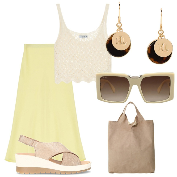 Outfit donna - I sandali in città. Stile Casual chic per Tutti i giorni. Abbinamento con occhiali da sole, top, gonne longuette, shopping bag, orecchini, sandali col tacco.