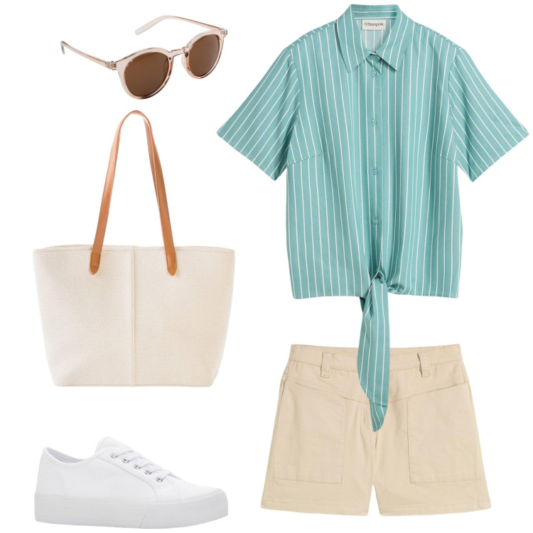 Outfit donna - Verde menta. Stile Casual per Tutti i giorni. Abbinamento con camicie a manica corta, sneakers, occhiali da sole, shorts, shopping bag.