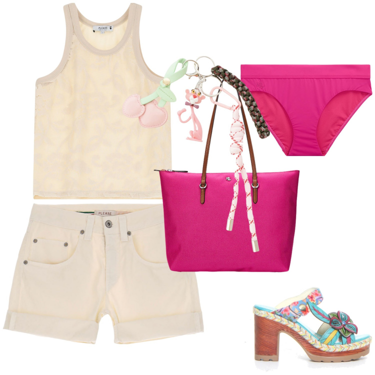 Outfit donna - Beach Please. Stile Trendy per Mare. Abbinamento con top, shorts, portachiavi, borse tote, bikini, ciabatte.