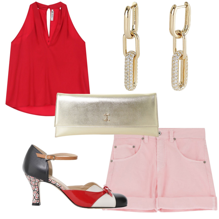 Outfit donna - Please che aperitivo. Stile Sexy per Serata fuori. Abbinamento con orecchini, shorts, top, pochette, décolleté.