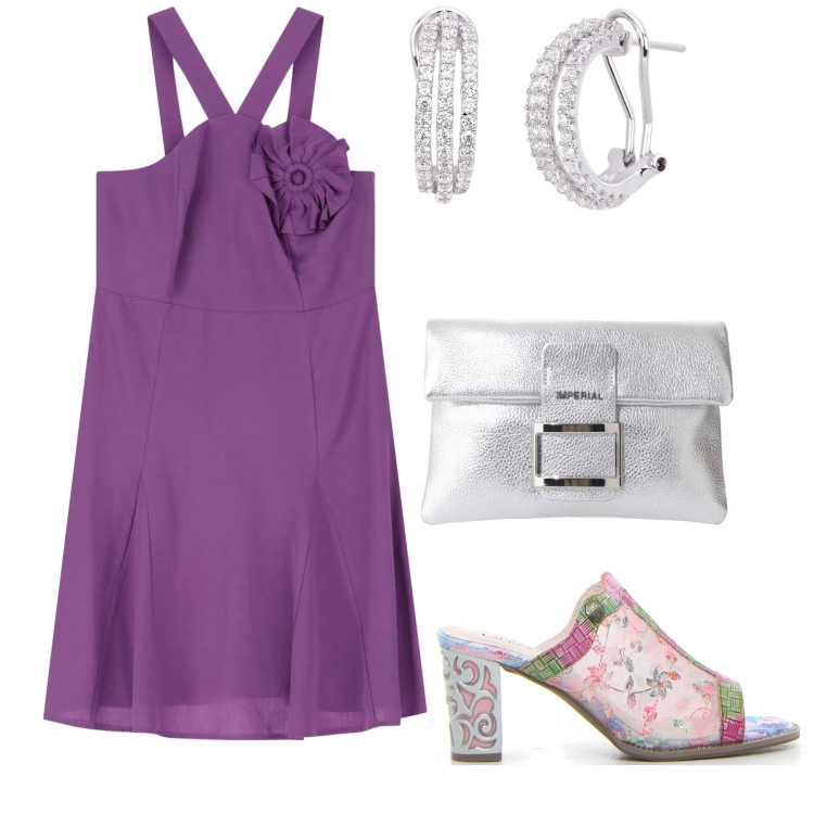 Outfit donna - Matrimonio in costiera con abito Dixie. Stile Glamour per Cerimonia. Abbinamento con orecchini, pochette, vestiti asimmetrici, sabot.