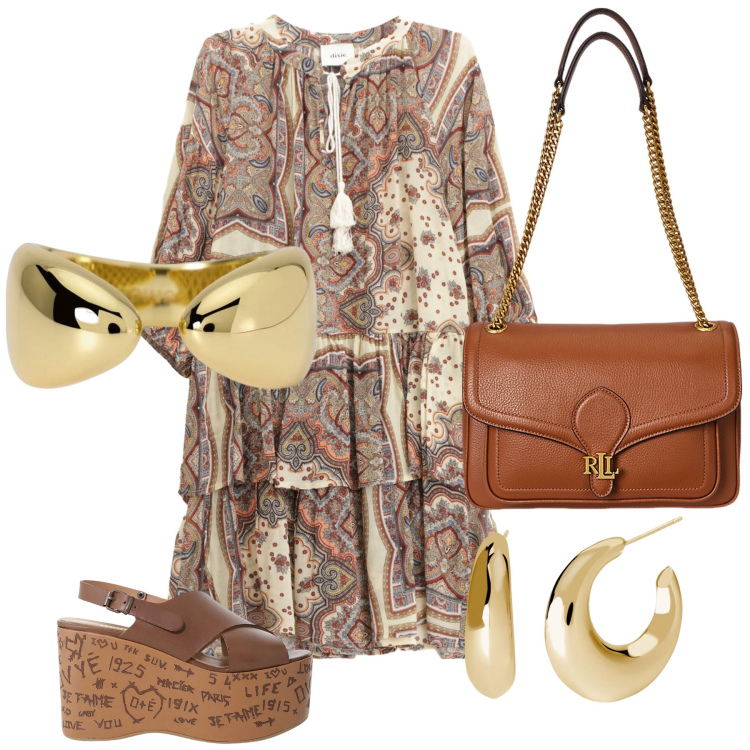 Outfit donna - Dixie boho. Stile Boho per Tutti i giorni. Abbinamento con orecchini, anelli, borse a spalla, vestiti corti, zeppe.