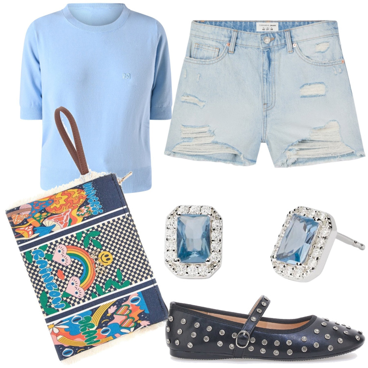 Outfit donna - Fresco azzurro. Stile Sporty chic per Tutti i giorni. Abbinamento con shorts, orecchini, maglieria, pochette, ballerine.