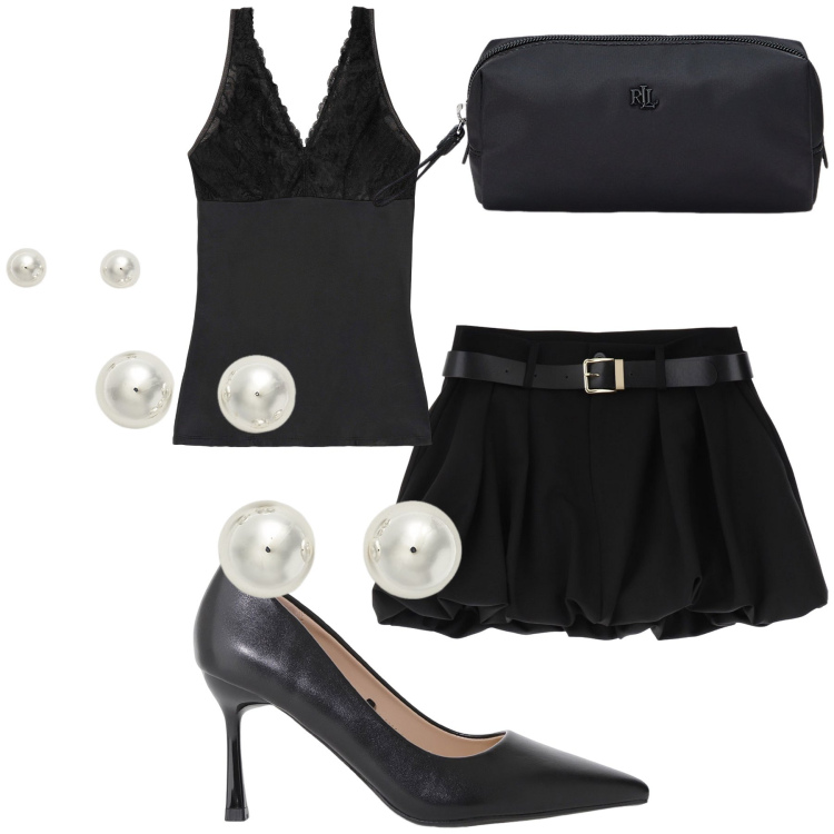 Outfit donna - Perle sul nero. Stile Glamour per Serata fuori. Abbinamento con top, décolleté, minigonne, orecchini, pochette.