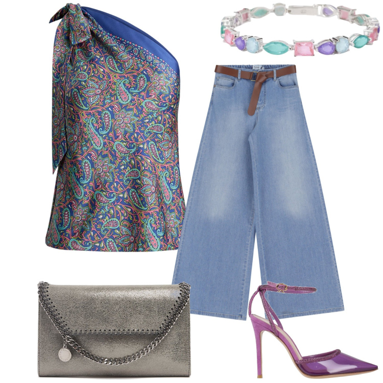 Outfit donna - Il top in broccato per sera originale. Stile Glamour per Serata fuori. Abbinamento con décolleté, braccialetti, jeans, top, pochette.