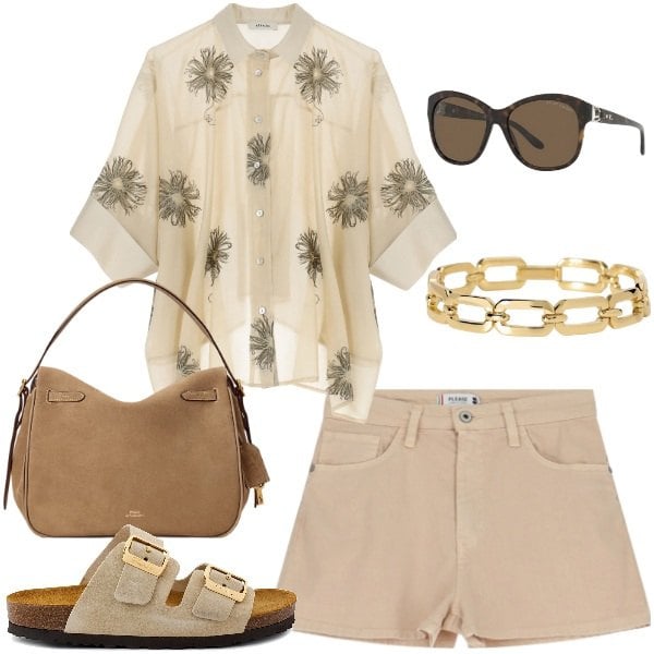 Outfit donna - Beige Chiaro: la nuova eleganza. Stile Trendy per Tutti i giorni. Abbinamento con braccialetti, shorts, camicie, borse a mano, occhiali da sole, ciabatte.