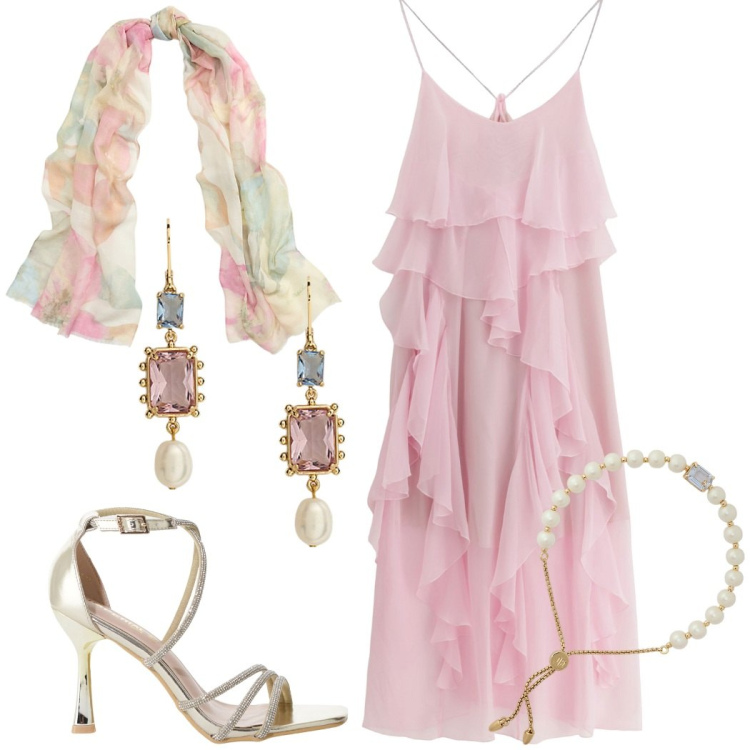 Outfit donna - Delicata come una peonia in fiore. Stile Romantica per Cerimonia. Abbinamento con vestiti lunghi, sandali col tacco, braccialetti, sciarpe, orecchini.