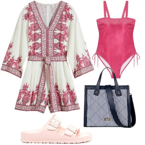 Outfit donna - Jumpsuit fluida da giorno. Stile Basic per Mare. Abbinamento con tute, shopping bag, costumi interi, ciabatte.