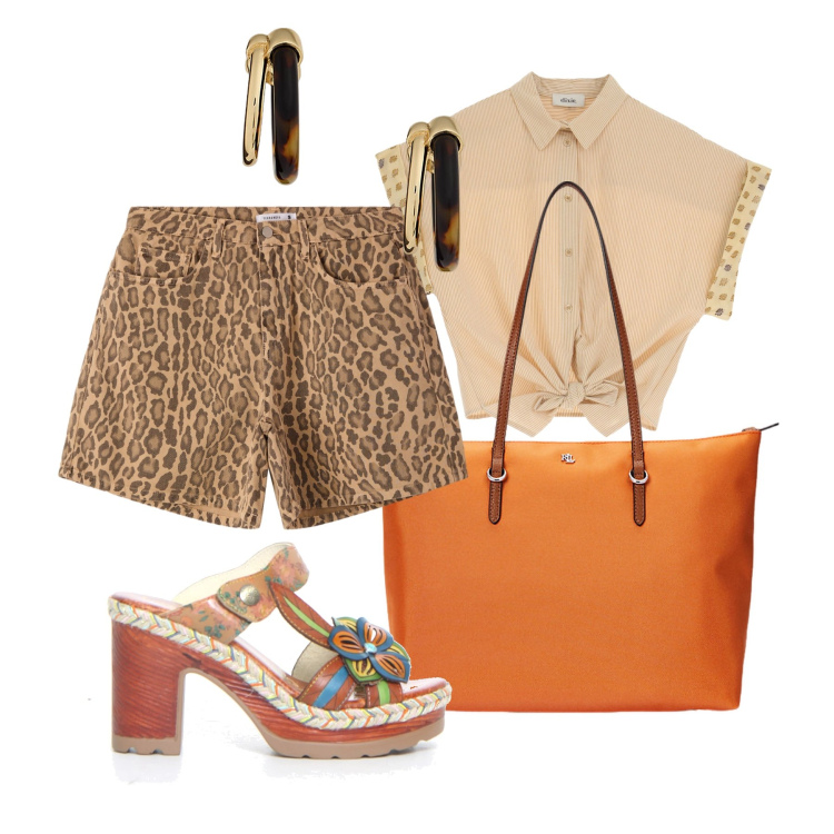 Outfit donna - Total look #2195721. Stile Trendy per Serata fuori. Abbinamento con shorts, camicie, borse tote, orecchini, ciabatte.