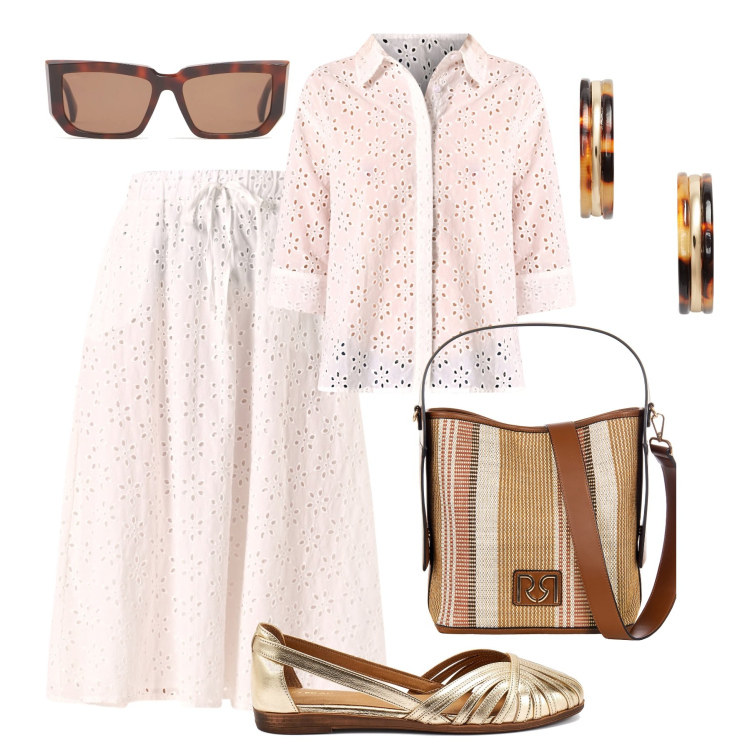 Outfit donna - Sangallo bianco Bantoa Sales. Stile Trendy per Tutti i giorni. Abbinamento con borse a secchiello, gonne longuette, camicie, orecchini, ballerine, occhiali da sole.