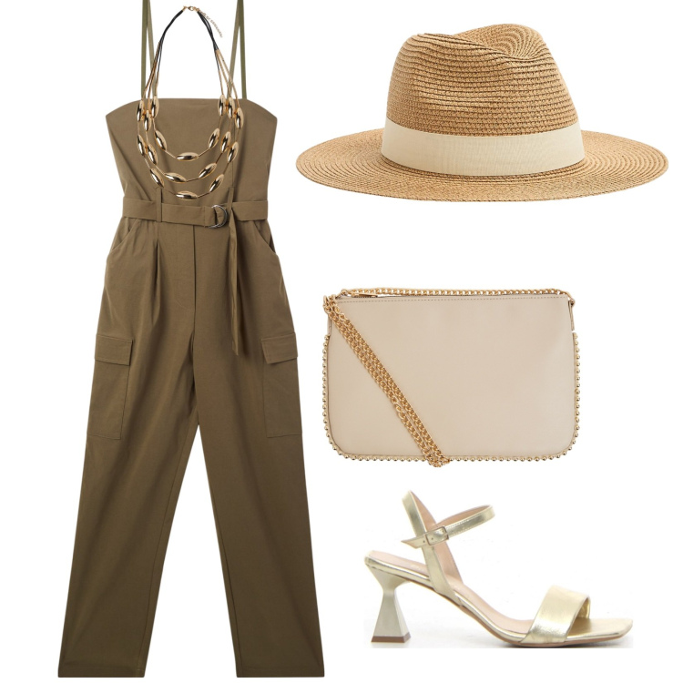 Outfit donna - Cerimonia di giorno. per Cerimonia. Abbinamento con tute, borse a tracolla, cappelli, sandali col tacco, collane.