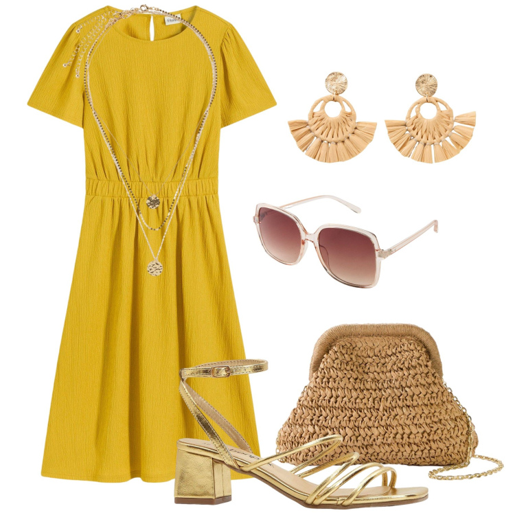 Outfit donna - Aperitivo giallo curry. Stile Glamour per Tutti i giorni. Abbinamento con vestiti, sandali col tacco, borse a tracolla, occhiali da sole, orecchini, collane.