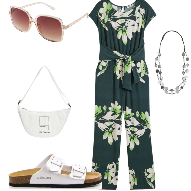 Outfit donna - Jumpsuit da giorno. Stile Casual chic per Tutti i giorni. Abbinamento con occhiali da sole, tute, marsupi, ciabatte, collane.