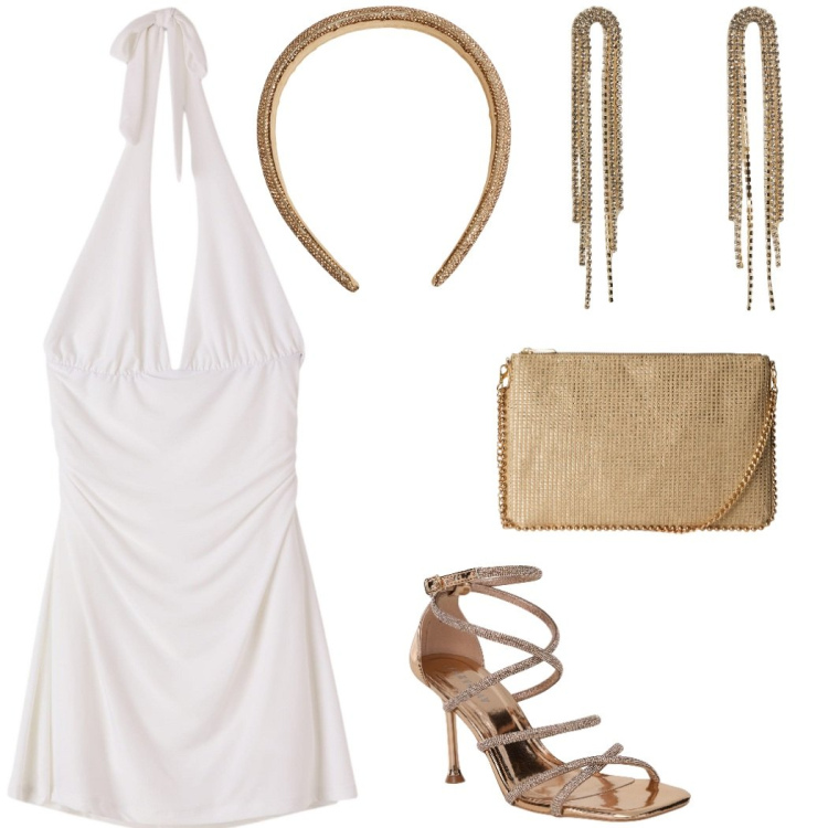 Outfit donna - Serate estive in bianco e oro. Stile Glamour per Serata fuori. Abbinamento con vestiti corti, sandali col tacco, borse a tracolla, orecchini, cerchietti.