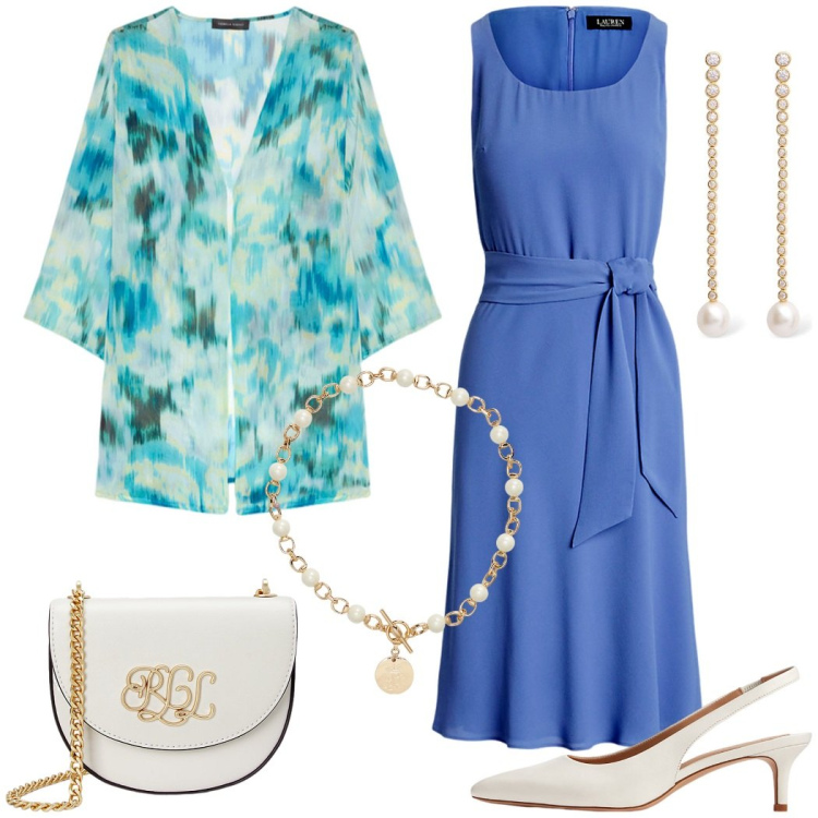 Outfit donna - Cerimonia in vista. Stile Chic per Cerimonia. Abbinamento con collane, borse a tracolla, vestiti senza maniche, décolleté, blazer, orecchini.