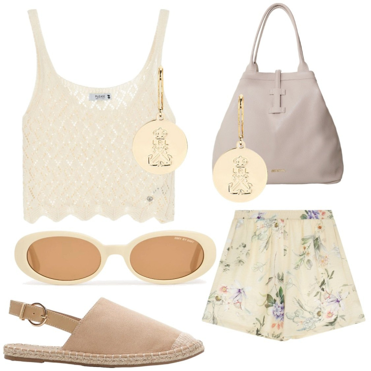 Outfit donna - Bantoa summer sales. Stile Casual chic per Tutti i giorni. Abbinamento con espadrillas, top, pantaloni corti, borse tote, orecchini, occhiali da sole.