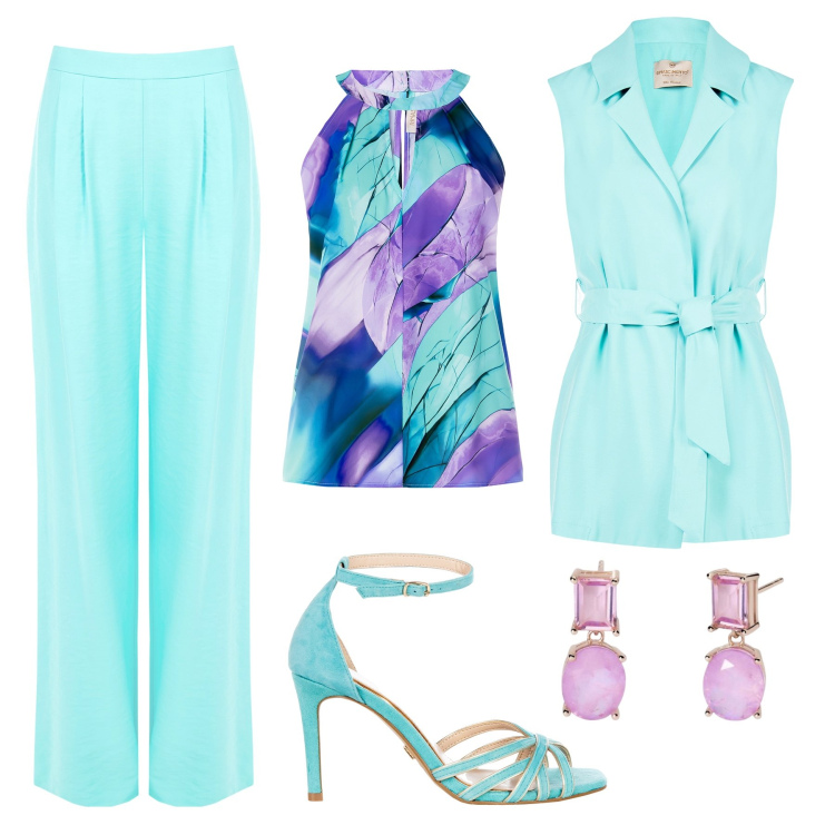 Outfit donna - Rinascimento verde acqua. Stile Glamour per Cerimonia. Abbinamento con top, pantaloni, gilet, sandali col tacco, orecchini.