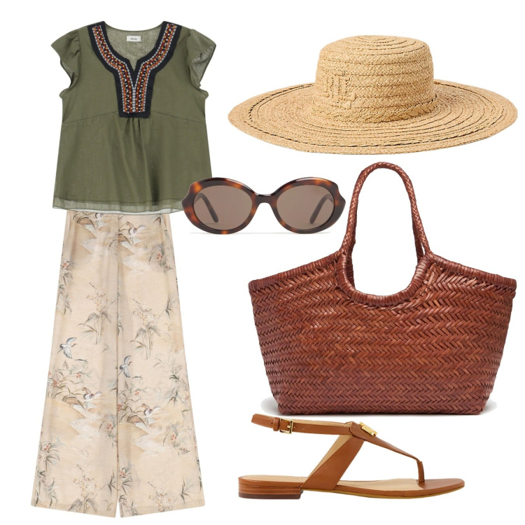 Outfit donna - Shopping a Ibiza. Stile Etnico per Mare. look ideale per Tall. Abbinamento con pantaloni, top, sandali, cappelli, shopping bag, occhiali da sole.