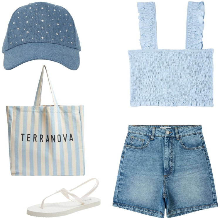 Outfit donna - Comodamente estate. Stile Trendy per Mare. Abbinamento con bermuda, top, cappelli, sandali, borse tote.