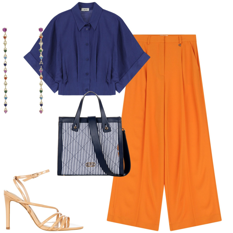 Outfit donna - Arancio e denim. Stile Urban per Tutti i giorni. Abbinamento con sandali col tacco, shopping bag, orecchini, pantaloni, camicie.