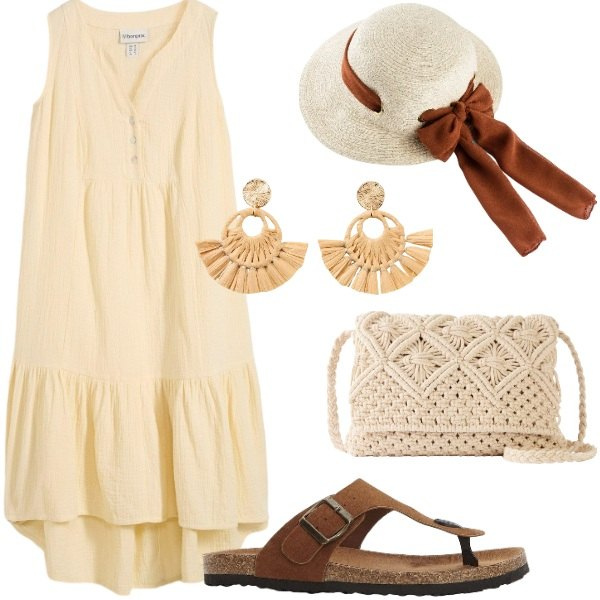 Outfit donna - Turista per caso. Stile Casual per Tutti i giorni. Abbinamento con vestiti, orecchini, infradito, cappelli, borse a tracolla.