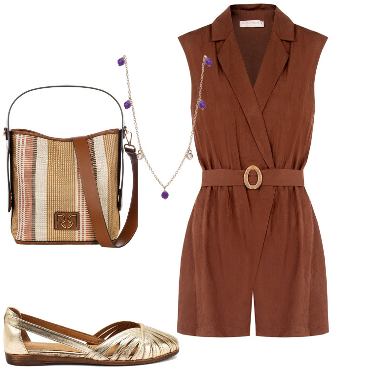 Outfit donna - La jumpsuit corta. Stile Minimal per Tutti i giorni. Abbinamento con tuta corta, borse a secchiello, collane, ballerine.