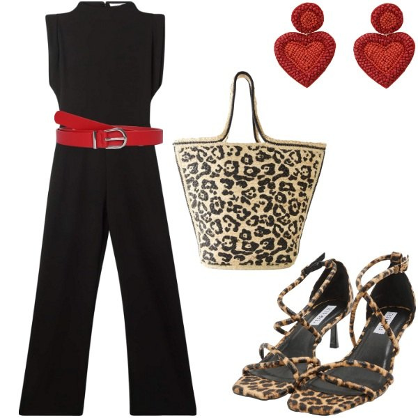 Outfit donna - Serata tra amici. Stile Casual chic per Serata fuori. Abbinamento con shopping bag, cinture, sandali col tacco, tute, orecchini.