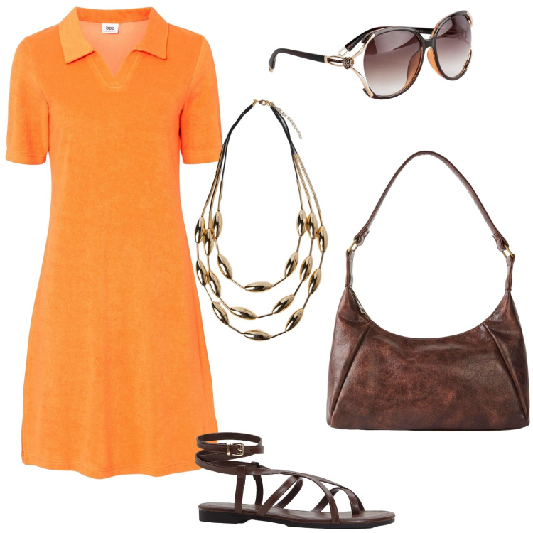Outfit donna - Colore arancione: energia d\'estate!. Stile Bon Ton per Tutti i giorni. Abbinamento con vestiti midi/longuette, sandali, occhiali da sole, borse a mano, collane.