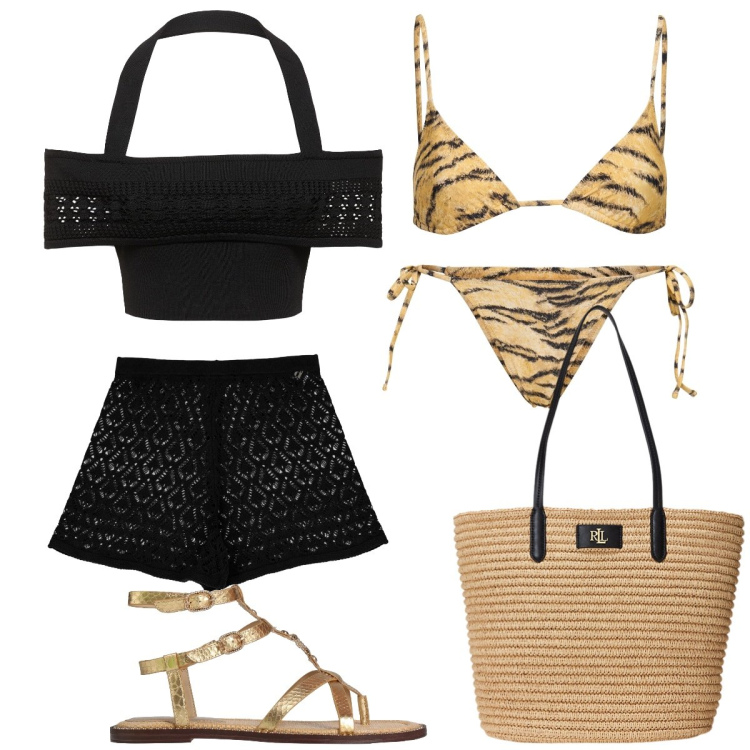 Outfit donna - In barca. Stile Chic per Mare. Abbinamento con infradito, shorts, borse tote, bikini, bikini, top.