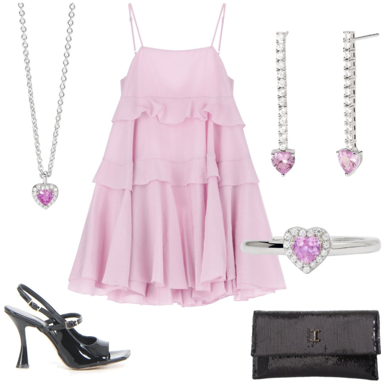 Outfit donna - Total look #2195767. Stile Chic per Serata fuori. Abbinamento con anelli, orecchini, ciondoli, borse a tracolla, vestiti corti, sandali col tacco.