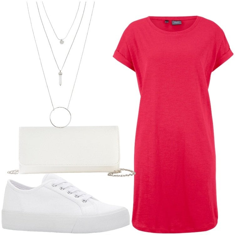 Outfit donna - Semplice. Stile Sporty chic per Tutti i giorni. Abbinamento con sneakers, ciondoli, pochette, vestiti.