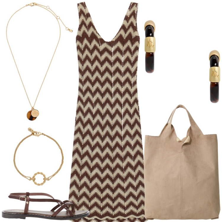 Outfit donna - Total look #2195771. Stile Casual chic per Tutti i giorni. Abbinamento con vestiti midi/longuette, shopping bag, sandali, orecchini, collane, braccialetti.
