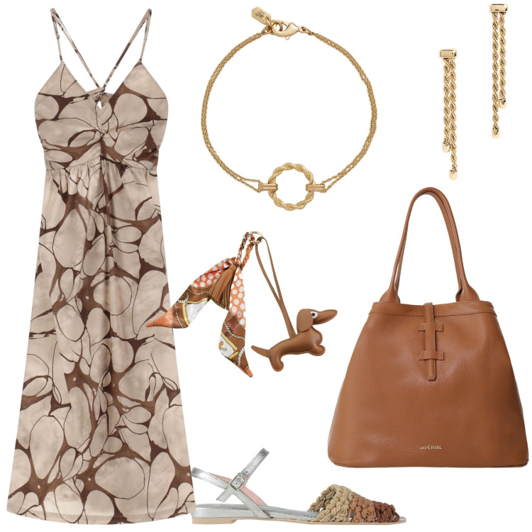 Outfit donna - Sandali in città. Stile Minimal per Ufficio. Abbinamento con sandali in pelle, vestiti lunghi, borse tote, portachiavi, orecchini, braccialetti.