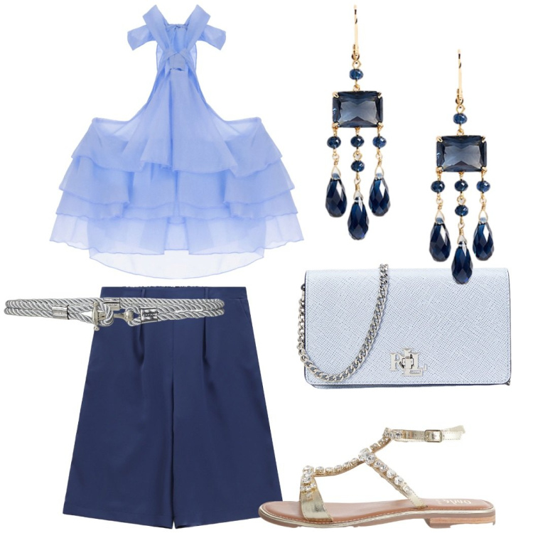 Outfit donna - Shorts di sera. Stile Chic per Serata fuori. Abbinamento con top, bermuda, sandali, borse a tracolla, cinture, orecchini.