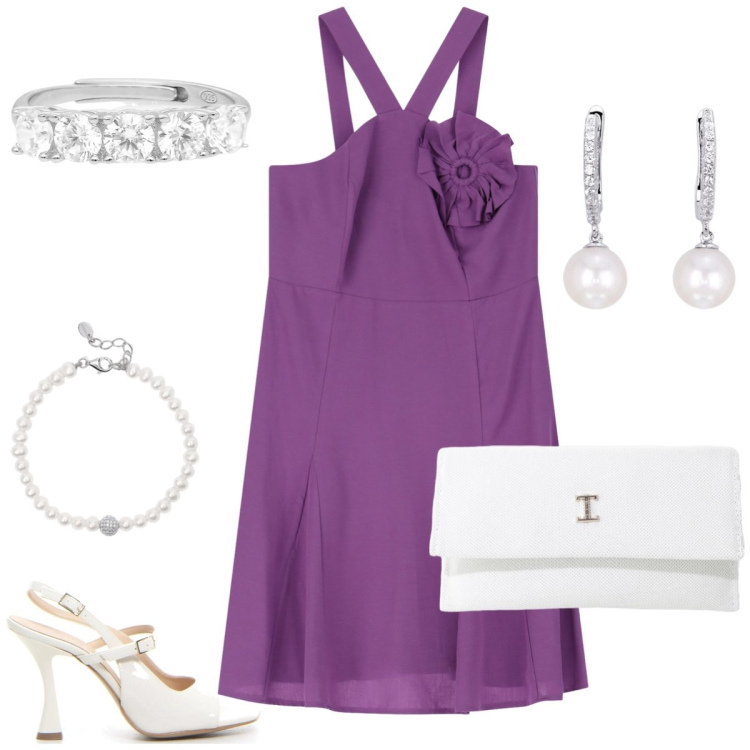 Outfit donna - Total look #2195774. Stile Chic per Cerimonia. Abbinamento con orecchini, braccialetti, anelli, borse a tracolla, vestiti asimmetrici, sandali col tacco.