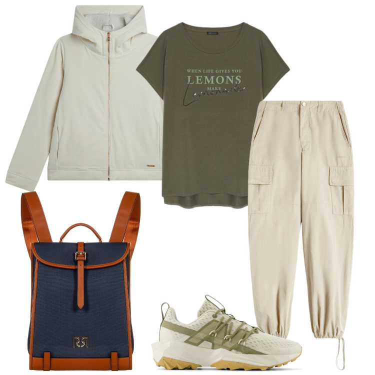 Outfit donna - Vacanza in montagna. Stile Sporty chic per Tutti i giorni. Abbinamento con sneakers, zaini, pantaloni cargo, blazer, t-shirt.