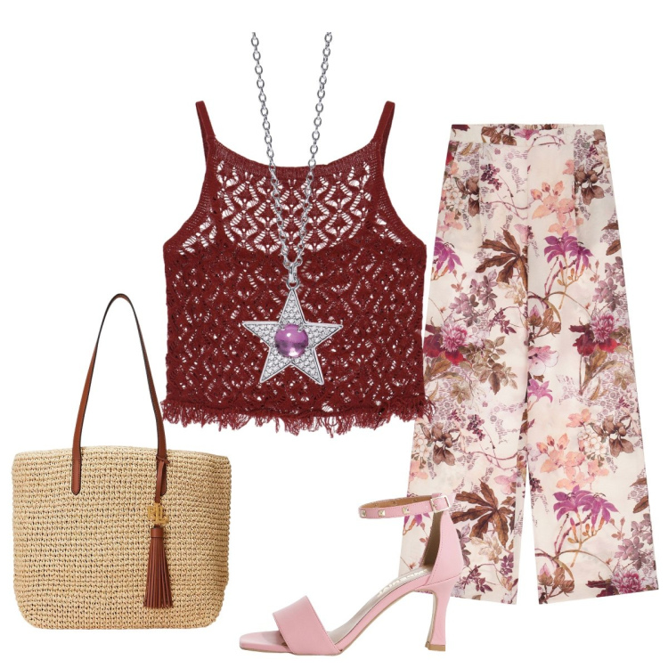 Outfit donna - Per la serata…. Stile Glamour per Mare. Abbinamento con ciondoli, sandali col tacco, pantaloni, top, borse tote.