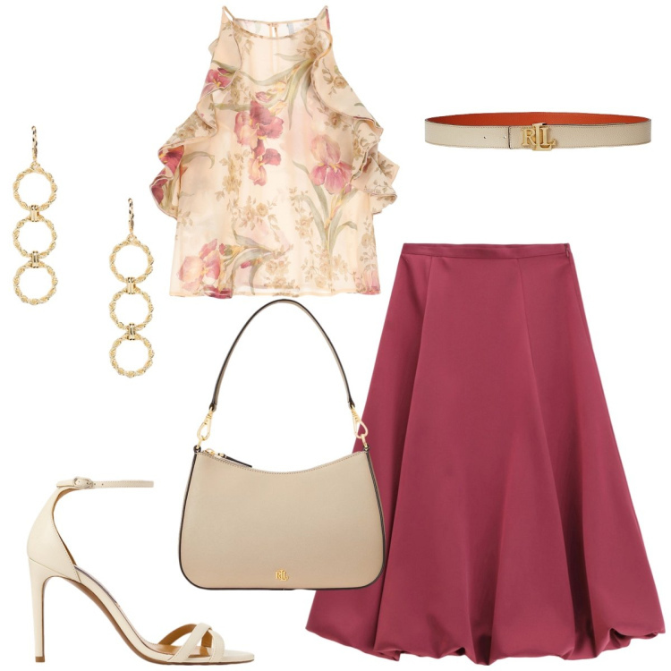 Outfit donna - Total look #2195783. Stile Romantica per Cerimonia. Abbinamento con gonne longuette, canottiere, cinture, borse a spalla, orecchini, sandali col tacco.