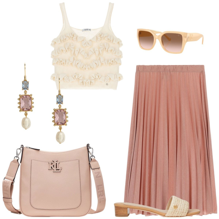 Outfit donna - Total look #2195787. Stile Casual chic per Tutti i giorni. Abbinamento con gonne, top, occhiali da sole, borse a tracolla, sandali in pelle, orecchini.
