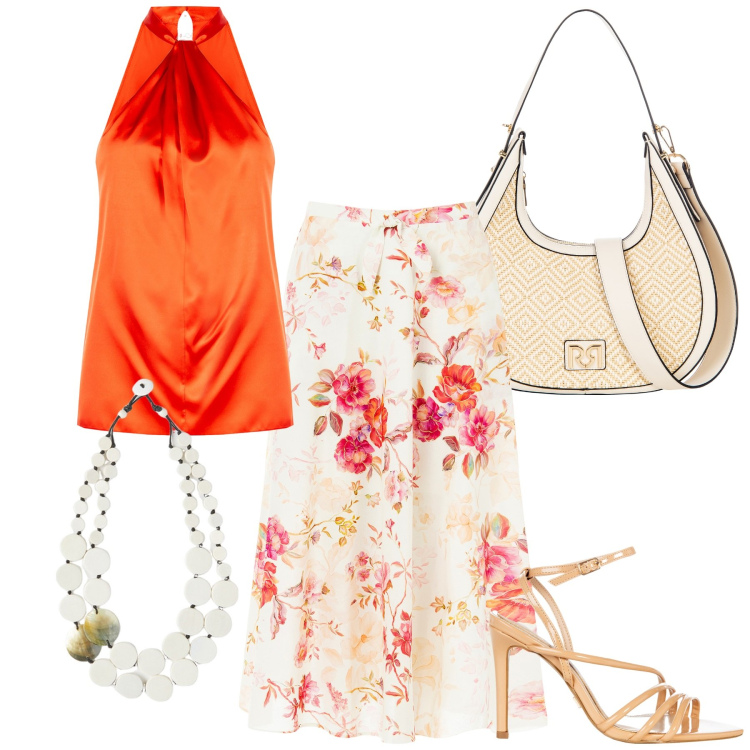 Outfit donna - Arancio luglio. Stile Casual chic per Tutti i giorni. Abbinamento con top, sandali col tacco, borse a mano, gonne longuette, ciondoli.